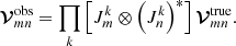 $$ \begin{aligned} \boldsymbol{\mathcal{V} }_{mn}^\mathrm{obs} = \prod _k \left[ J_{m}^k \otimes \left(J_{n}^k\right)^* \right] \boldsymbol{\mathcal{V} }_{mn}^\mathrm{true} . \end{aligned} $$