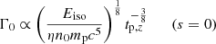 $$ \begin{aligned} \Gamma _{0} \propto \left(\frac{E_\mathrm{iso} }{\eta n_0 m_{\rm p}c^{5}}\right)^{\frac{1}{8}} t_{\mathrm{p}, z}^{-\frac{3}{8}} \qquad (s=0) \end{aligned} $$