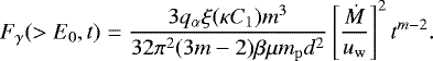 \begin{equation*}F_{\gamma}(>E_{0} ,{t})=\frac{3q_{{\alpha}}\xi(\kappa C_{1})m^{3}}{32\pi^{2}(3m-2)\beta\mu m_{\mathrm{p}}d^{2}}\left[ \frac{\dot{M }}{ u_{\mathrm{w}}}\right] ^{2} t^{m-2}. \end{equation*}