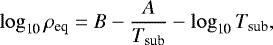\begin{equation*} \log_{\textrm{10}} \rho_{\textrm{eq}} = B - \frac{A}{T_{\textrm{sub}}} - \log_{\textrm{10}} T_{\textrm{sub}} , \end{equation*}