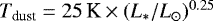 $T_{\textrm{dust}}=25\,\textrm{K}\times(L_{*}/L_{\odot})^{0.25}$