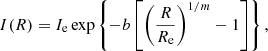 $$ \begin{aligned} I(R) = I_{\mathrm{e}} \exp \left\{ -b\left[\left(\frac{R}{R_{\mathrm{e}}}\right)^{1/m}-1\right]\right\} , \end{aligned} $$