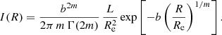 $$ \begin{aligned} I(R) = \frac{b^{2m}}{2\pi \,m\,\Gamma (2m)}\,\frac{L}{R_{\mathrm{e}}^2}\exp \left[-b\left(\frac{R}{R_{\mathrm{e}}}\right)^{1/m}\right]. \end{aligned} $$