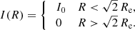 $$ \begin{aligned} I(R) = {\left\{ \begin{array}{ll} \;I_0&R< \sqrt{2}\,R_{\mathrm{e}}, \\ \;0&R> \sqrt{2}\,R_{\mathrm{e}}. \end{array}\right.} \end{aligned} $$