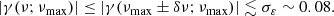$$ \begin{aligned} \left| \gamma (\nu ;\nu _{\rm max})\right| \le \left|\gamma (\nu _{\rm max}\pm \delta \nu ;\nu _{\rm max})\right| \lesssim \sigma _{\varepsilon } \sim 0.08 . \end{aligned} $$