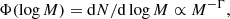 $$ \begin{aligned} \Phi (\log M) = \mathrm{d} N / \mathrm{d} \log M \propto M^{-\Gamma } , \end{aligned} $$