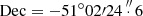 $ {\rm{Dec}} = - 51^\circ 02\prime 24\mathop .\limits^{\prime \prime } 6 $