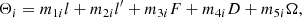 $$ \begin{aligned} \Theta _{i}=m_{1i}l+m_{2i}l^{\prime }+m_{3i}F+m_{4i}D+m_{5i}\Omega , \end{aligned} $$