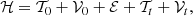 $$ \begin{aligned} \mathcal{H} =\mathcal{T} _{0}+\mathcal{V} _{0}+\mathcal{E} +\mathcal{T} _{t}+ \mathcal{V} _{t}\mathrm{,} \end{aligned} $$
