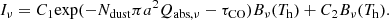$$ \begin{aligned} I_{\nu } = C_{1}\mathrm{exp}(-N_{\rm dust}{\pi }a^2Q_{\mathrm{abs}, {\nu }} - \tau _{\rm CO})B_{\nu }(T_{\rm h}) + C_{2}B_{\nu }(T_{\rm h}). \end{aligned} $$