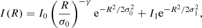 $$ \begin{aligned} I(R) = I_0 \left(\frac{R}{\sigma _0}\right)^{-\gamma }\mathrm{e}^{-R^2/2\sigma _0^2}+I_1\mathrm{e}^{-R^2/2\sigma _1^2}, \end{aligned} $$