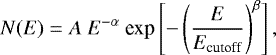 \begin{equation*} N(E) = A~E^{-\alpha}~\textrm{exp}\left[-\left(\frac{E}{E_{\textrm{cutoff}}}\right)^{\beta}\right],\end{equation*}