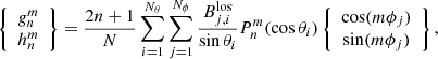 $$ \begin{aligned} \left\{ \begin{array}{cc} {{ g}}^{m}_{n} \\ h^{m}_{n} \end{array} \right\} = \frac{2n+1}{N} \sum ^{N_\theta }_{i = 1} \sum ^{N_\phi }_{j = 1} \frac{B^\mathrm{los}_{j,i}}{\sin \theta _i} P^{m}_{n}(\cos \theta _i) \left\{ \begin{array}{cc} \cos (m \phi _j) \\ \sin (m \phi _j) \end{array} \right\} , \end{aligned} $$