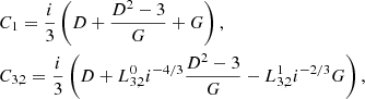$$ \begin{aligned}&C_1 = \frac{i}{3} \left(D + \frac{D^2-3}{G} + G \right), \nonumber \\&C_{3,2} = \frac{i}{3} \left(D + L_{3,2}^0 i^{-4/3} \frac{D^2-3}{G} - L_{3,2}^1 i^{-2/3} G \right), \end{aligned} $$