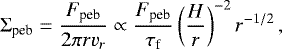 \begin{equation*} \Sigma_{\textrm{peb}} = \frac{F_{\textrm{peb}}}{2\pi r v_r} \propto \frac{F_{\textrm{peb}}}{\tau_{\textrm{f}}} \left(\frac{H}{r} \right)^{-2} r^{-1/2} \,, \end{equation*}