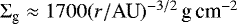 $\Sigma_{\textrm{g}} \approx 1700 (r/\textrm{AU})^{-3/2}\,{\textrm{g}\,\textrm{cm}}^{-2}$