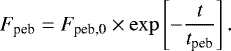 \begin{equation*} F_{\textrm{peb}} = F_{\textrm{peb,0}} \times \exp \left[-\frac{t}{t_{\textrm{peb}}} \right]. \vspace*{-1pt}\end{equation*}