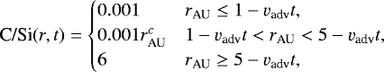 \begin{align*} \textrm{C/Si}(r,t) = \begin{cases} 0.001 & r_{\textrm{AU}} \le 1 - v_{\textrm{adv}}t, \\ 0.001 r_{\textrm{AU}}^c & 1 - v_{\textrm{adv}}t < r_{\textrm{AU}} < 5 - v_{\textrm{adv}}t, \\ 6 & r_{\textrm{AU}} \ge 5 - v_{\textrm{adv}}t, \\ \end{cases}\end{align*}