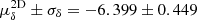 $ \mu^{\mathrm{2D}}_{\delta} \pm \sigma_{\delta} = -6.399 \pm 0.449 $