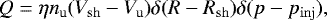 \begin{equation*} Q = \eta n_{\mathrm u} (V_{\mathrm {sh}} - V_{\mathrm u}) \delta(R-R_{\mathrm {sh}}) \delta(p - p_{\mathrm{inj}}), \end{equation*}