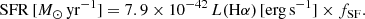$$ \begin{aligned} {\mathrm{SFR} }\, [M_{\odot }\, \mathrm{yr^{-1} }] = 7.9 \times 10^{-42}\, L(\mathrm{H} \alpha )\, [\mathrm{erg\,s^{-1} }] \times f_\mathrm{SF} . \end{aligned} $$