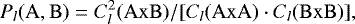 \begin{equation*} P_l(\mathrm {A,B}) = C_l^2 (\mathrm {AxB}) / [ C_l(\mathrm {AxA}) \cdot C_l(\mathrm {BxB)} ],\end{equation*}