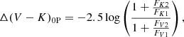 $$ \begin{aligned} \Delta (V-K)_{\rm 0P} = -2.5\log \left(\frac{1+ \frac{F_{K2}}{F_{K1}}}{1+ \frac{F_{V2}}{F_{V1}}}\right),\end{aligned} $$