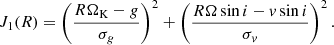 $$ \begin{aligned} J_1(R) = \left(\frac{R{\Omega _{\mathrm{K} }}- g}{\sigma _g}\right)^2 + \left(\frac{R\Omega \sin i - v \sin i}{\sigma _v}\right)^2. \end{aligned} $$