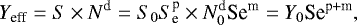 \begin{align*} {Y}_{\textrm{eff}} = {S}\times {N}^{\textrm{d}} = {S}_0 {S}_{\textrm{e}}^{\textrm{p}} \times {N}^{\textrm{d}}_0 \textrm{Se}^{\textrm{m}} = {Y}_0 \textrm{Se}^{\textrm{p&#x002B;m}},\nonumber \end{align*}
