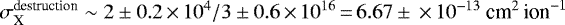 $\sigma_{\textrm{X}}^{\textrm{destruction}} \sim 2\pm0.2\,{\times}\,10^{4} / 3\pm0.6\,{\times}\,10^{16} \,{=}\, 6.67\pm\,{\times}\,10^{-13}~\textrm{cm}^2\,\textrm{ion}^{-1}$