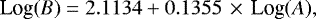 \begin{equation*} \textrm{Log}(B) = 2.1134&#x002B;0.1355\,\times\,\textrm{Log}(A), \end{equation*}