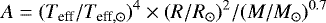 \begin{equation*} A=(T_{\textrm{eff}}/T_{\textrm{eff},\odot})^4 \times (R/R_{\odot})^2 / (M/M_{\odot})^{0.7} \vspace*{-2pt}\end{equation*}