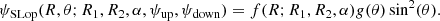 $$ \begin{aligned} \psi _{\rm SLop}(R, \theta ;R_1,R_2,\alpha ,\psi _{\rm up},\psi _{\rm down}) = f(R;R_1,R_2,\alpha ) {g}(\theta )\sin ^2(\theta ) . \end{aligned} $$