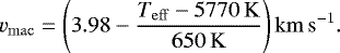 \begin{equation*} v_{\mathrm{mac}}=\Bigg(3.98-\frac{T_{\mathrm{eff}}-5770\,\mathrm{K}}{650\, \mathrm{K}}\Bigg)\,\mathrm{km\,s}^{-1} .\end{equation*}
