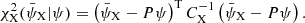 $$ \begin{aligned} \chi ^2_\mathrm{X} (\bar{\psi }_\mathrm{X} |\psi )= \left(\bar{\psi }_\mathrm{X} - P \psi \right)^\mathrm{T} C_\mathrm{X} ^{-1} \left( \bar{\psi }_\mathrm{X} - P \psi \right). \end{aligned} $$