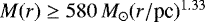 $M(r)\geq580\,M_{\odot}(r/\textrm{pc})^{1.33}$