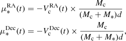 $$ \begin{aligned} \mu _*^\mathrm{RA}(t)&= -V_{\rm c}^\mathrm{RA}(t) \times \frac{M_{\rm c}}{(M_{\rm c}+M_*)d} \\ \mu _*^\mathrm{Dec}(t)&= -V_{\rm c}^\mathrm{Dec}(t) \times \frac{M_{\rm c}}{(M_{\rm c}+M_*)d}, \end{aligned} $$