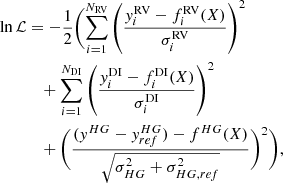 $$ \begin{aligned} \mathrm{ln}\,\mathcal{L}&= -\frac{1}{2} \Biggl (\sum _{i=1}^{N_{\rm RV}}\left( \frac{y^\mathrm{RV}_i-f_i^\mathrm{RV}(X)}{\sigma _i^\mathrm{RV}}\right)^2\\&\quad + \sum _{i=1}^{N_{\rm DI}}\left( \frac{y^\mathrm{DI}_i-f_i^\mathrm{DI}(X)}{\sigma _i^\mathrm{DI}}\right)^2 \\&\quad + \biggl (\frac{(y^{HG}-y_{ref}^{HG})-f^{HG}(X)}{ \sqrt{ \sigma ^2_{HG} +\sigma ^2_{HG,ref} } }\biggr )^2\Biggr ), \end{aligned} $$