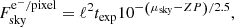 $$ \begin{aligned} F_{\rm sky}^{\mathrm{e^{-}/pixel}} = \ell ^2 t_{\rm exp} 10^{-\left(\mu _{\rm sky} - {ZP}\right)/2.5}, \end{aligned} $$