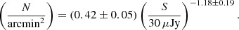 $$ \left(\frac{N}{\mathrm{arcmin}^2}\right)=\left(0.42\pm 0.05\right)\left(\frac{S}{30\,\mu \mathrm{Jy}}\right)^{-1.18 \pm 0.19}. $$
