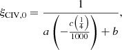 $$ \begin{aligned} \xi _\mathrm{CIV,0} = \frac{1}{a \left(- \frac{c\left(\frac{1}{4}\right)}{1000} \right) + b} , \end{aligned} $$