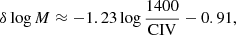 $ \delta \log M \approx - 1.23 \log \frac{1400}{\mathrm{CIV}} - 0.91, $
