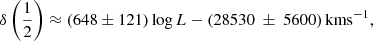 $$ \begin{aligned} \delta \left(\frac{1}{2}\right) \approx (648 \pm 121) \log L - (28530\ \pm \ 5600)\, \mathrm{km s} ^{-1}, \end{aligned} $$