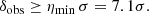 $$ \begin{aligned} \delta _{\rm obs} \ge \eta _{\rm min} \, \sigma = 7.1 \sigma . \end{aligned} $$