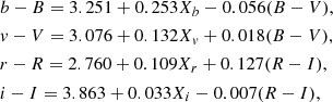 $$ \begin{aligned}&b-B = 3.251 + 0.253 X_b - 0.056 (B-V),\\&v-V = 3.076 + 0.132 X_v + 0.018 (B-V),\\&r-R = 2.760 + 0.109 X_r + 0.127 (R-I),\\&i-I = 3.863 + 0.033 X_i -0.007 (R-I), \end{aligned} $$