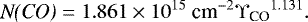 \begin{equation*} \textit{N(\textrm{CO})} = 1.861\times 10^{15}{~\textrm{cm}^{-2}} {{\Upsilon_{\textrm{CO}}}}^{1.131}.\end{equation*}