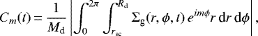 \begin{equation*} C_{m} (t) \,{=}\, {1 \over M_{\textrm{d}}} \left| \int_0^{2 \pi} \int_{r_{\textrm{sc}}}^{R_{\textrm{d}}} \Sigma_{\textrm{g}}(r,\phi,t) \, e^{im\phi} r \, \textrm{d}r\, \textrm{d}\phi \right|,\end{equation*}