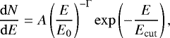 \begin{equation*}\frac{\mathrm{d}N}{\mathrm{d}E} = A \left(\frac{E}{E_0}\right)^{-\Gamma} \exp\left(-\frac{E}{E_{\textrm{cut}}}\right),\vspace*{-2pt} \end{equation*}