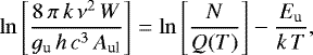 \begin{equation*}\ln \left[\frac{8 \, \pi \, k \, \nu^2 \, W}{g_{\textrm{u}} \, h \, c^3 \, A_{\textrm{ul}}} \right]= \ln \left[\frac{N}{Q(T)}\right] - \frac{E_{\textrm{u}} }{k \, T}, \end{equation*}