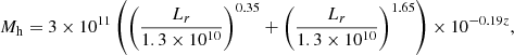 $$ \begin{aligned} M_{\rm h}=3\times 10^{11}\left(\left(\frac{L_r}{1.3\times 10^{10}} \right)^{0.35}+ \left(\frac{L_r}{1.3\times 10^{10}} \right)^{1.65}\right)\times 10^{-0.19z} ,\end{aligned} $$